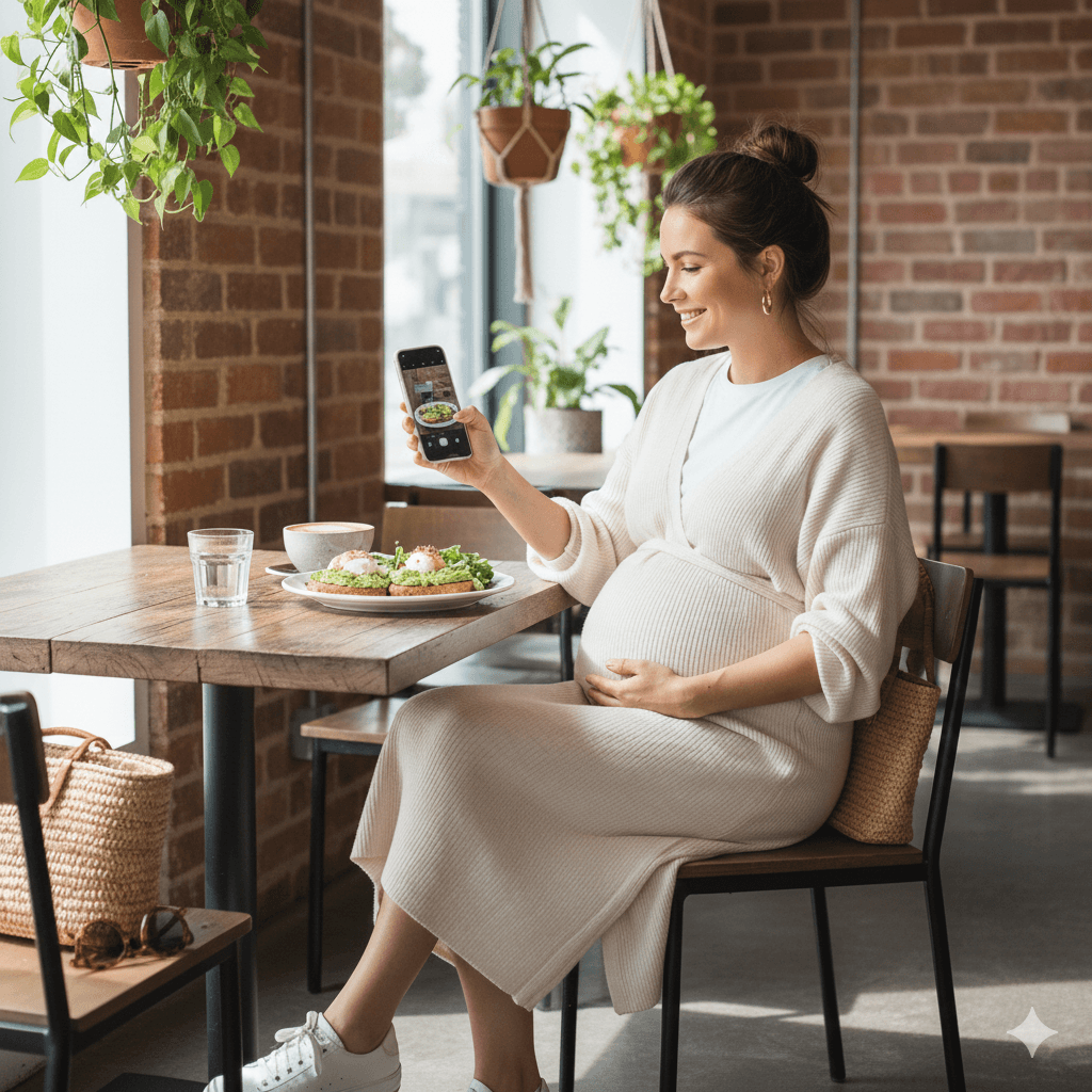 Happy pregnant woman using PregnancyPlate pregnancy diet app to track meal safety and nutrition