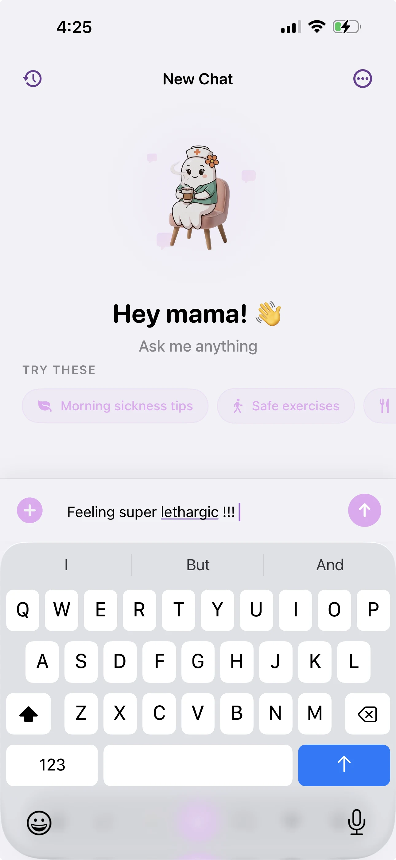 PregnancyPlate AI Companion welcome screen with suggested questions and a chat input