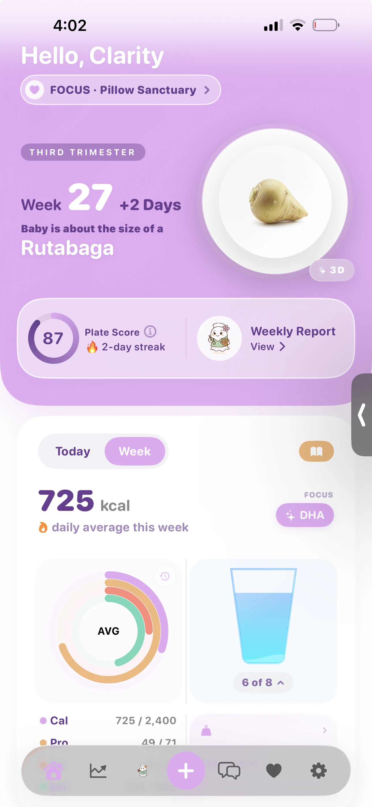 PregnancyPlate home dashboard with Plate Score, weekly nutrition tracking and hydration