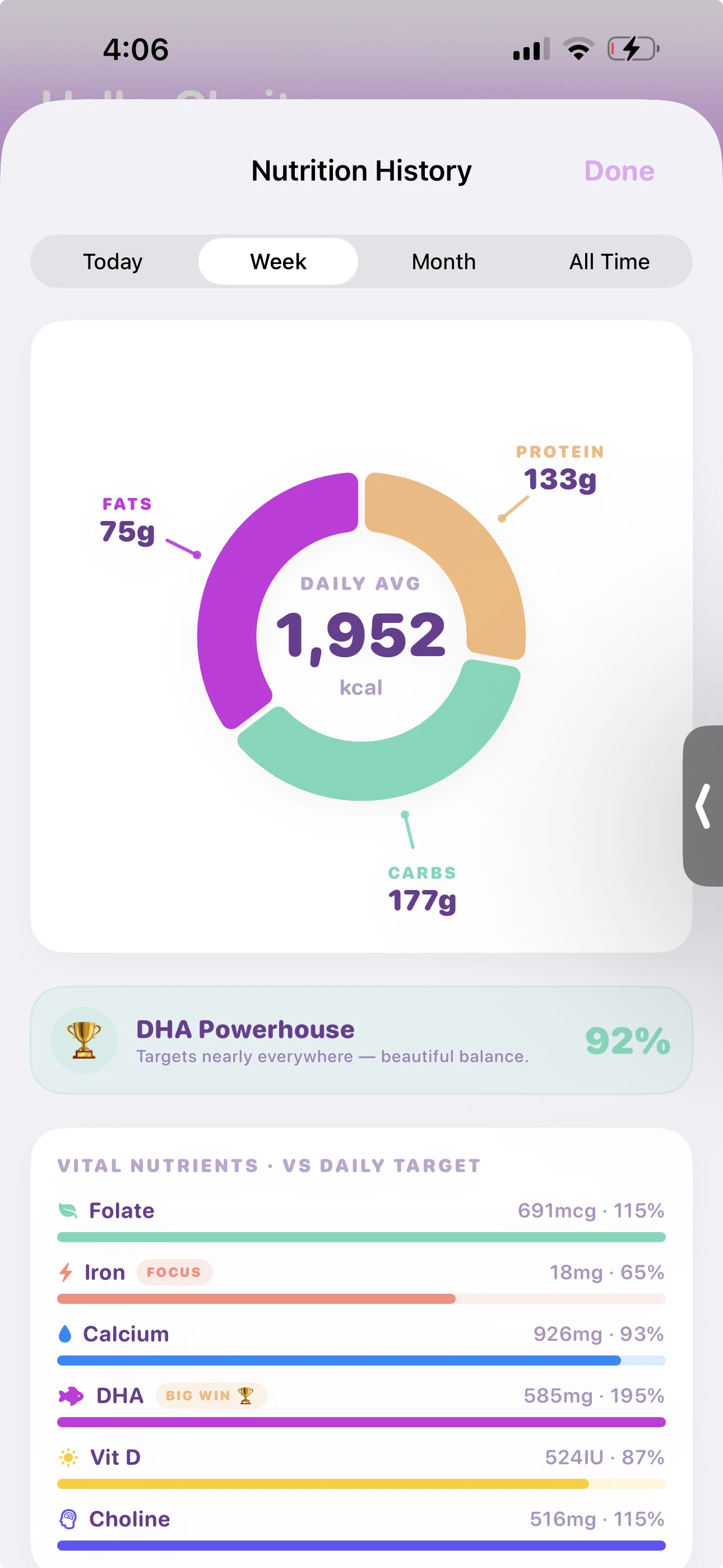 PregnancyPlate weekly Nutrition History with macros, nutrient targets, and DHA progress