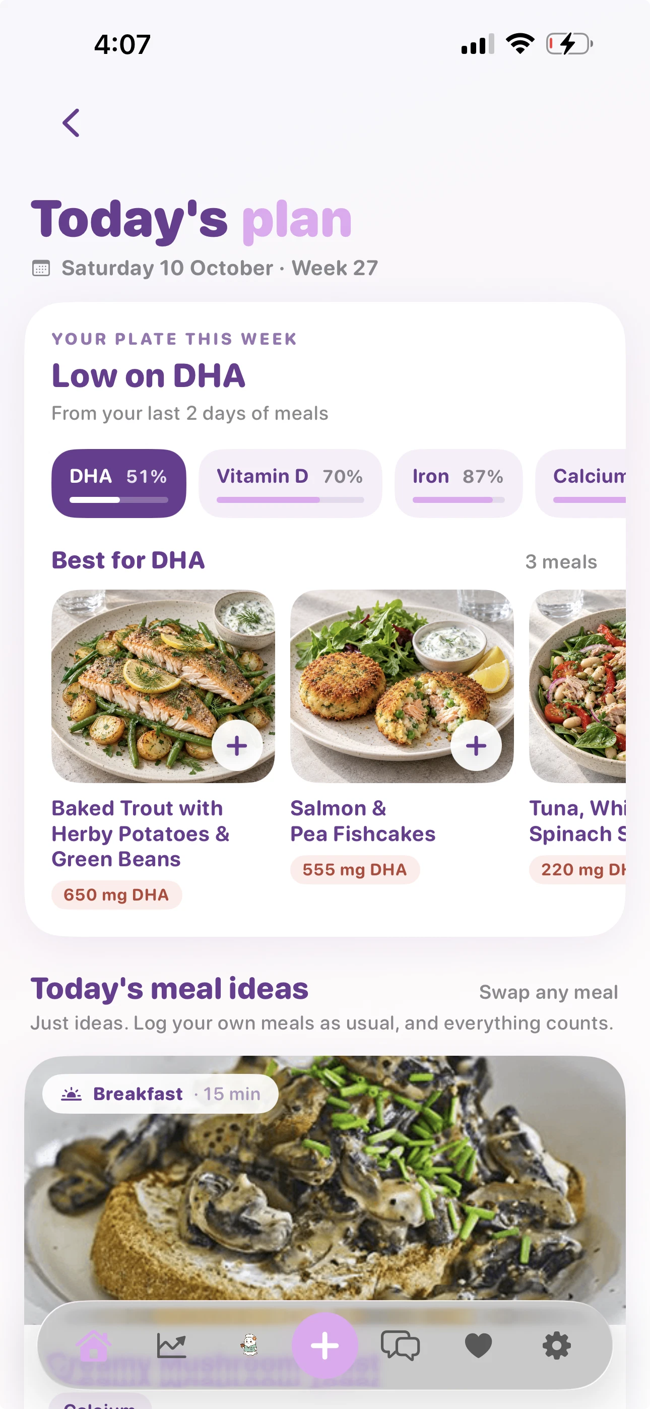 PregnancyPlate meal planner showing DHA-focused trout, salmon fishcakes and today's meal ideas