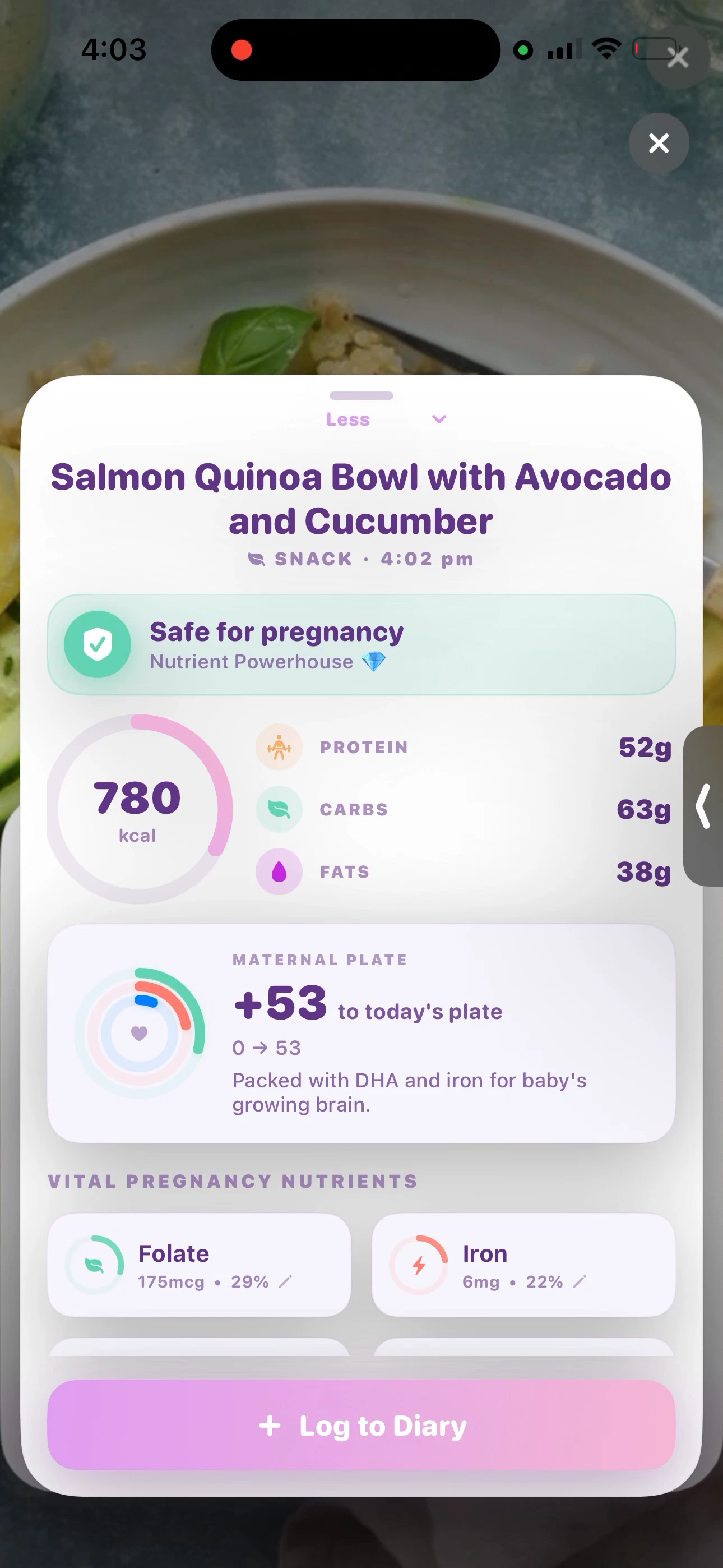 Meal analysis in PregnancyPlate, showing nutrition information and pregnancy food-safety guidance