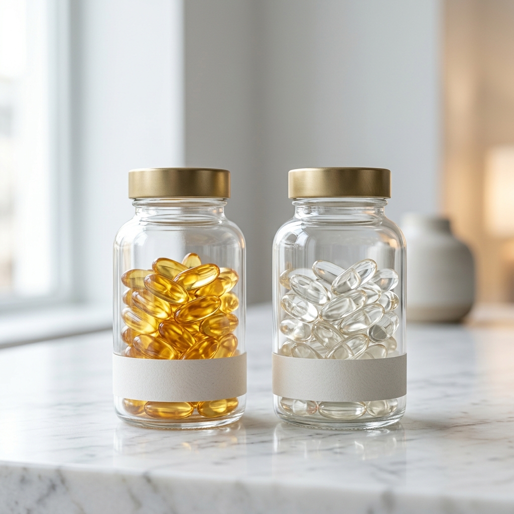 A clean, minimalist shot of high-quality fish oil and algae oil capsules.