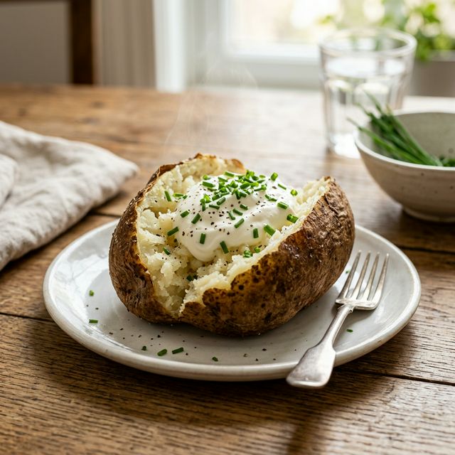 A perfectly baked Russet potato, split open and topped with a generous dollop of cool sour cream and a sprinkle of chives.