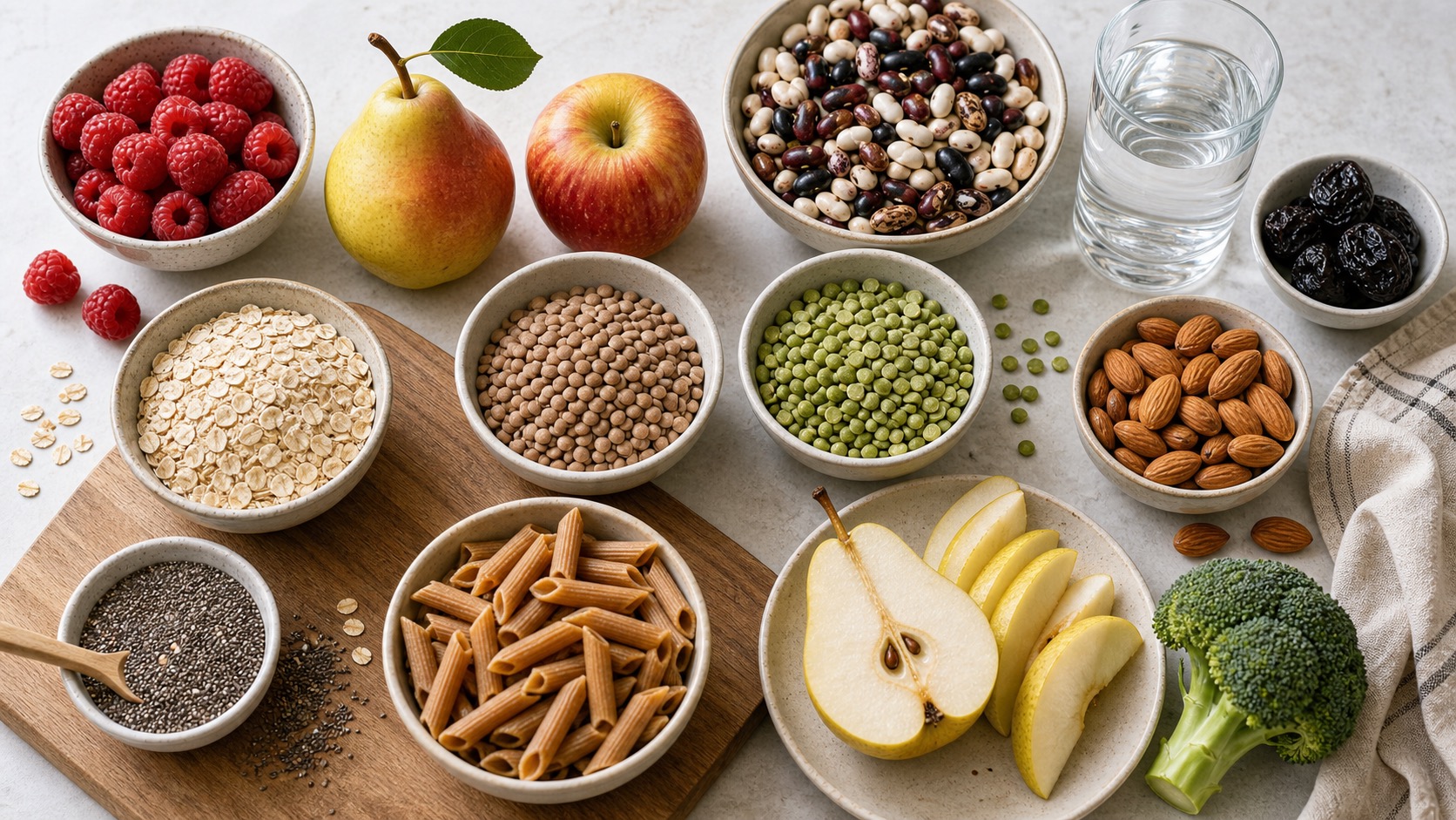 A flatlay of high-fibre pregnancy foods including raspberries, pears, apples, beans, lentils, peas, oats, chia seeds, wholegrain pasta, almonds, prunes, broccoli and water.