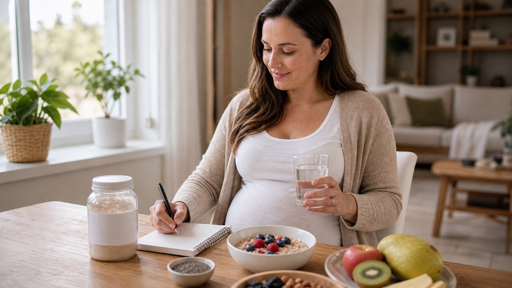 A pregnant woman drinking water and writing in a meal log beside oatmeal with berries, fruit, chia seeds and an unbranded fibre powder container.