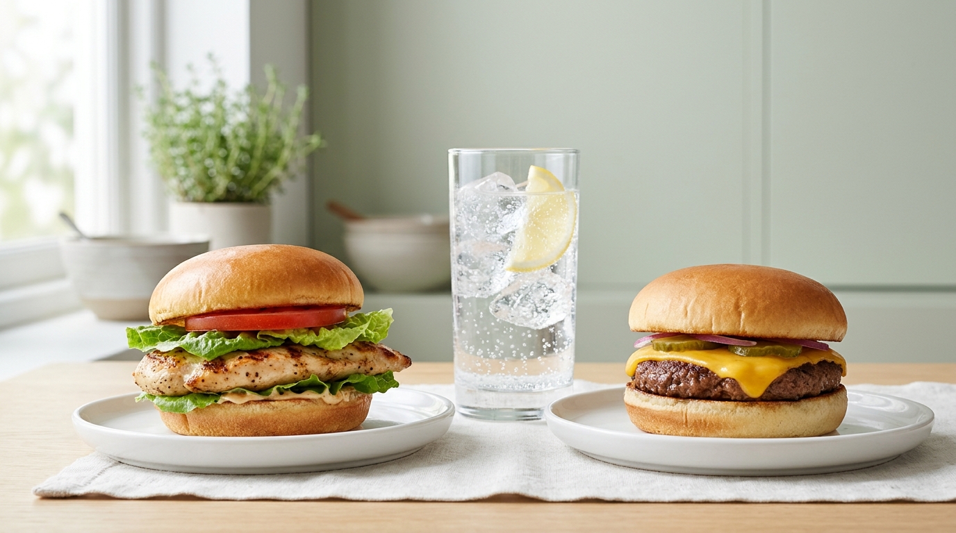 A grilled chicken sandwich and a plain hamburger side by side with a glass of water, the two top-ranked fast food orders for pregnancy