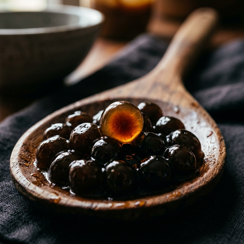 A macro shot of dark, glistening tapioca pearls—discussing the starch safety and chemical transparency of global chains.
