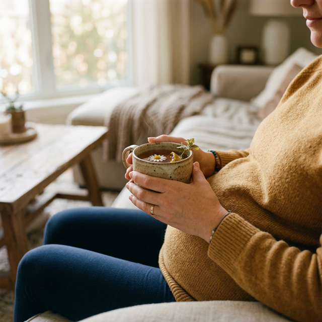 A pregnant woman enjoying a warm cup of tea
