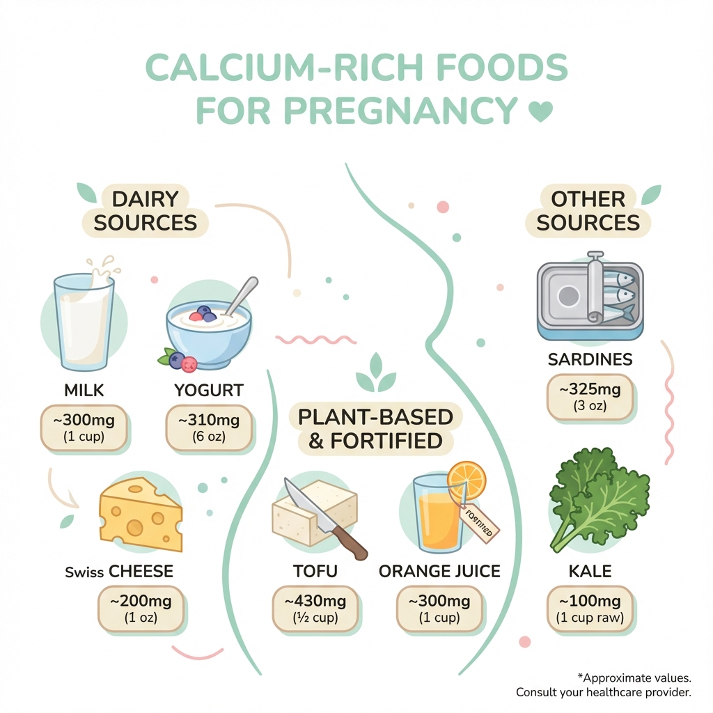 Calcium-rich foods infographic for pregnancy showing dairy and non-dairy sources