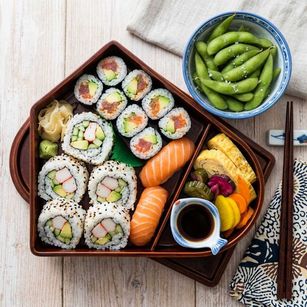 A top-down aesthetic view of California rolls made with imitation crab in a bento box next to fresh edamame.