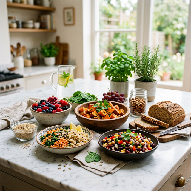A colorful array of complex carbohydrates including sweet potatoes, quinoa, and berries