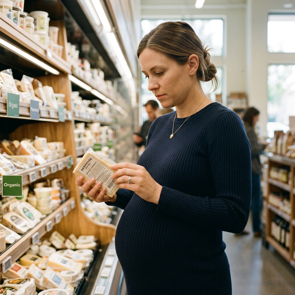 A pregnant woman carefully reading the back label of a cheese package in a grocery store, illustrating the importance of proactive label checking.