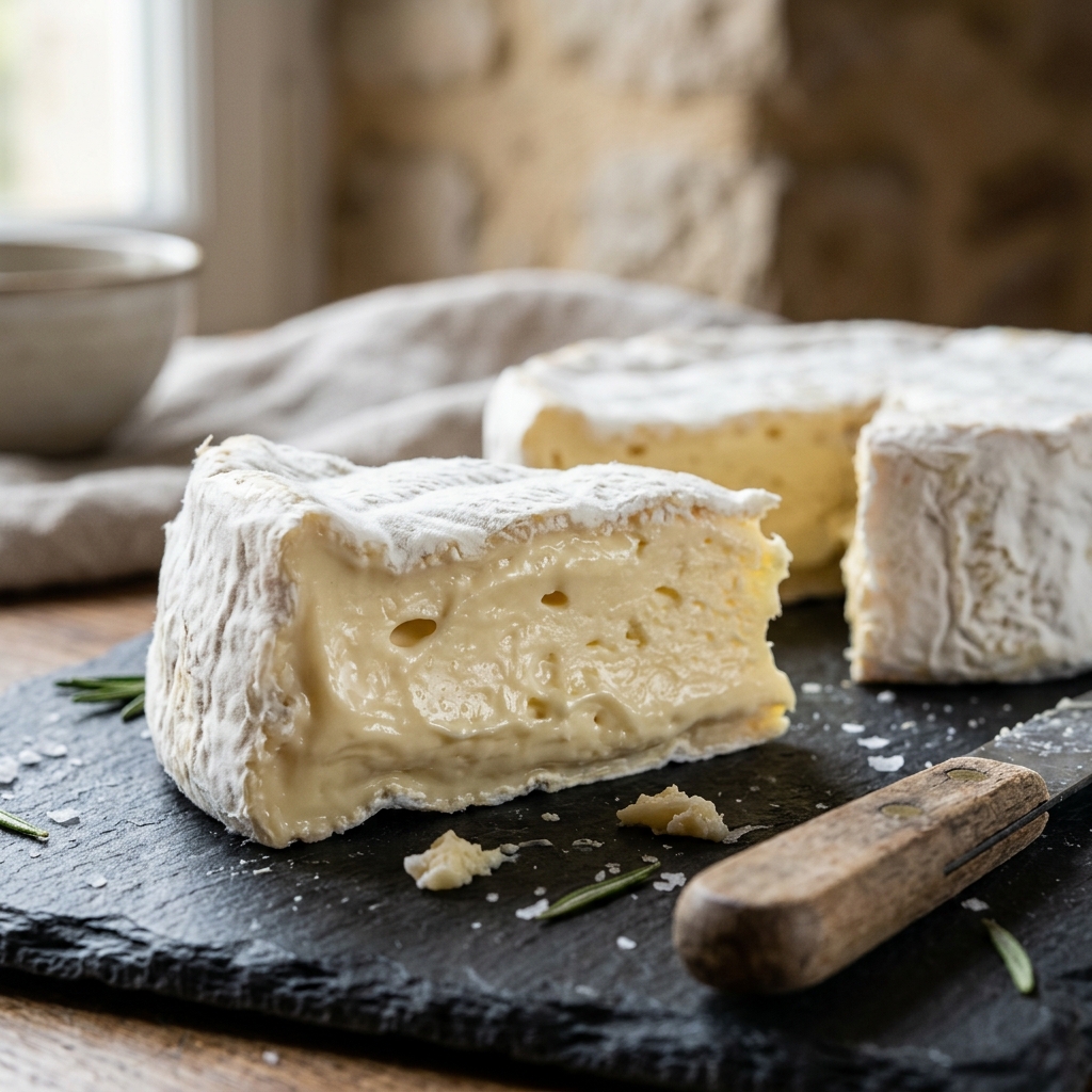A macro shot of the creamy interior and bloomy rind of a soft artisanal cheese, emphasizing the high-moisture environment where bacteria can thrive.