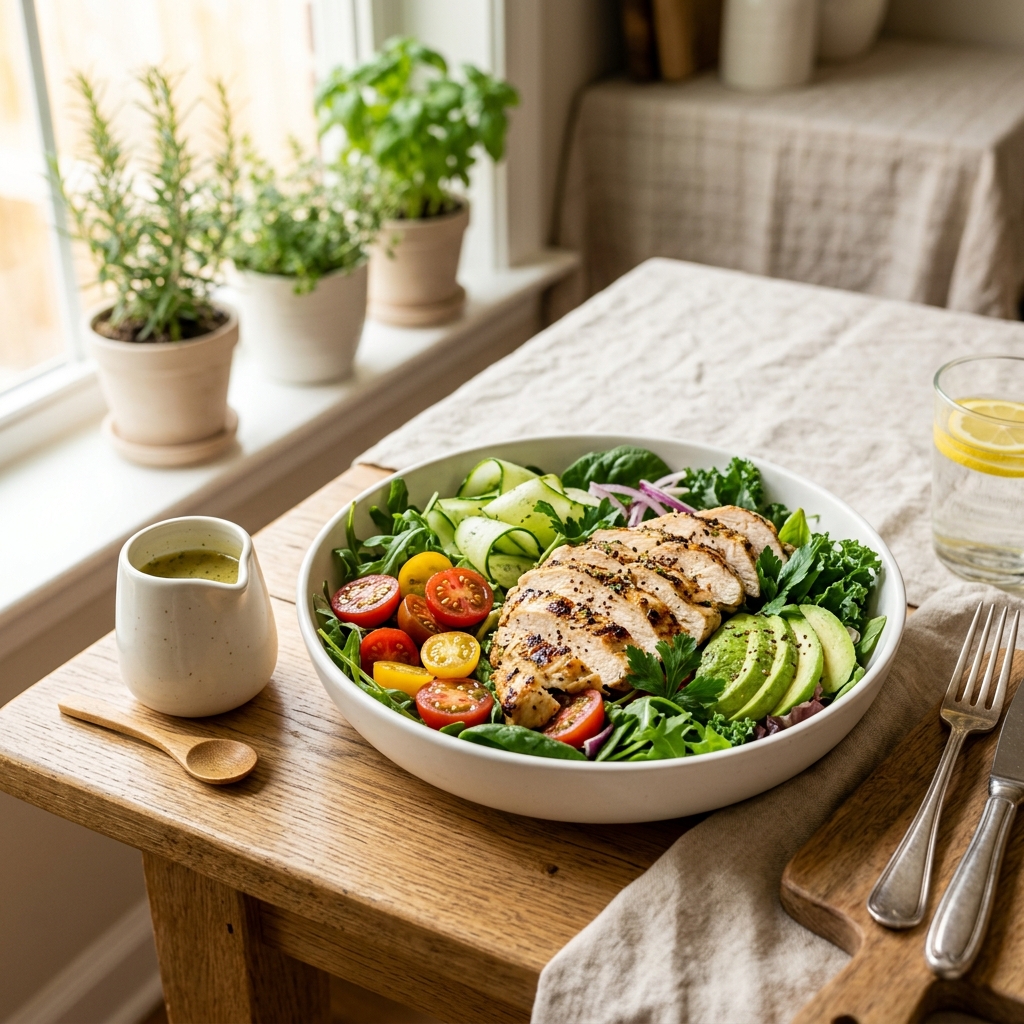 A premium lifestyle photography shot of a healthy grilled chicken salad with fresh greens and sliced grilled chicken breast.