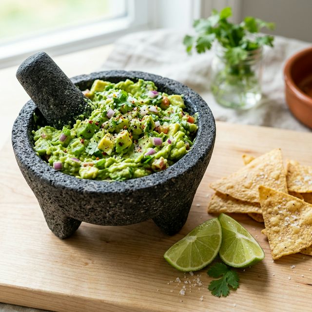 A fresh bowl of chunky guacamole with lime and cilantro.
