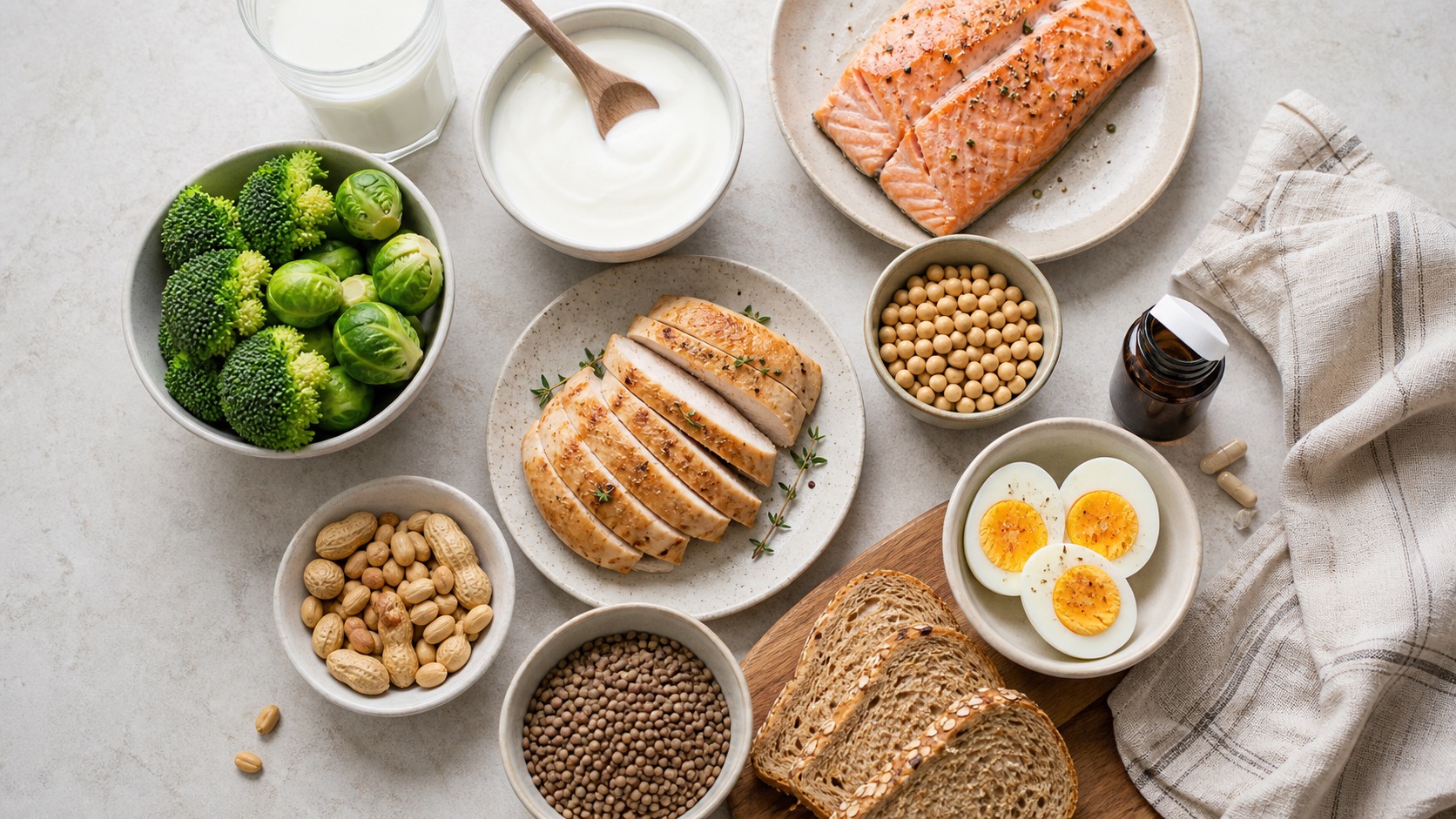 A flatlay of choline-rich pregnancy foods including cooked eggs, salmon, chicken, yogurt, broccoli, soybeans, lentils, peanuts and wholegrain bread.