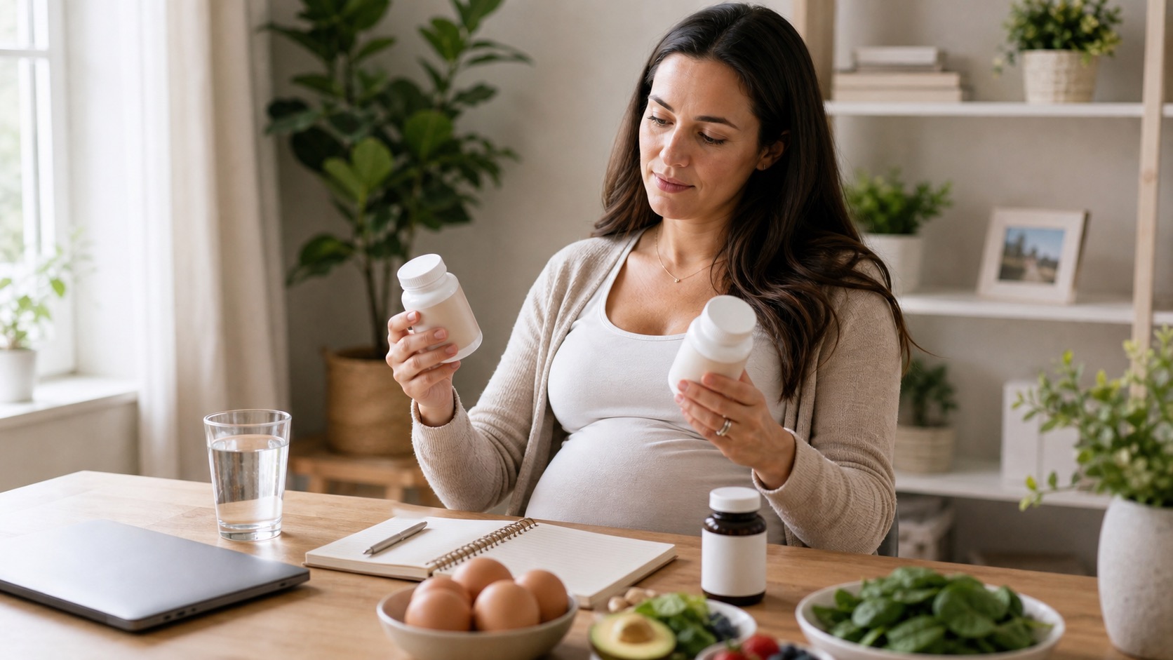 A pregnant woman carefully comparing unbranded supplement bottles beside eggs, leafy greens, water and a notebook.