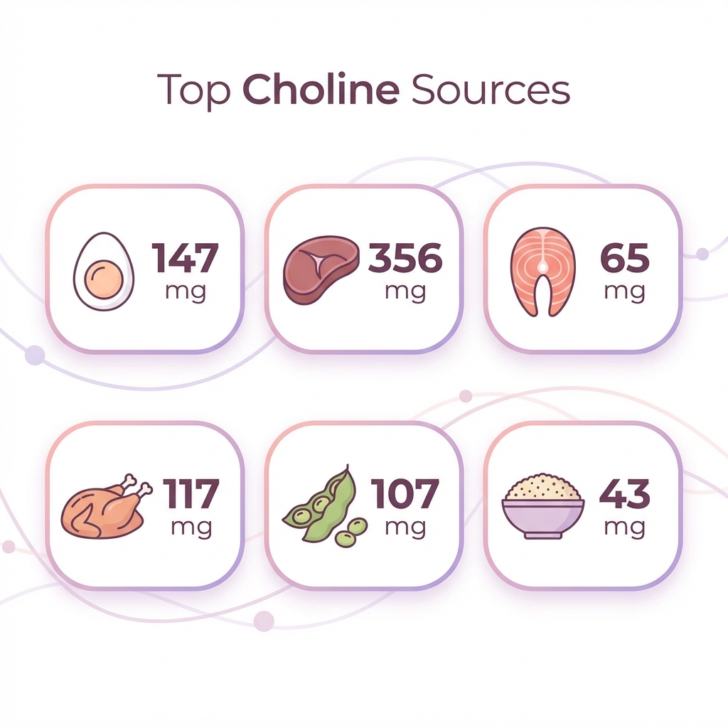 Chart showing top choline-rich foods including eggs, liver, salmon, chicken, and soybeans with mg amounts