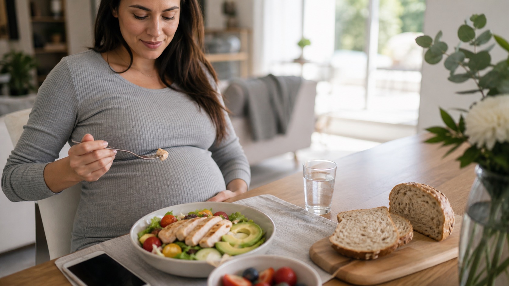A pregnant woman eating a fresh chicken salad with water and wholegrain bread in a calm home setting.