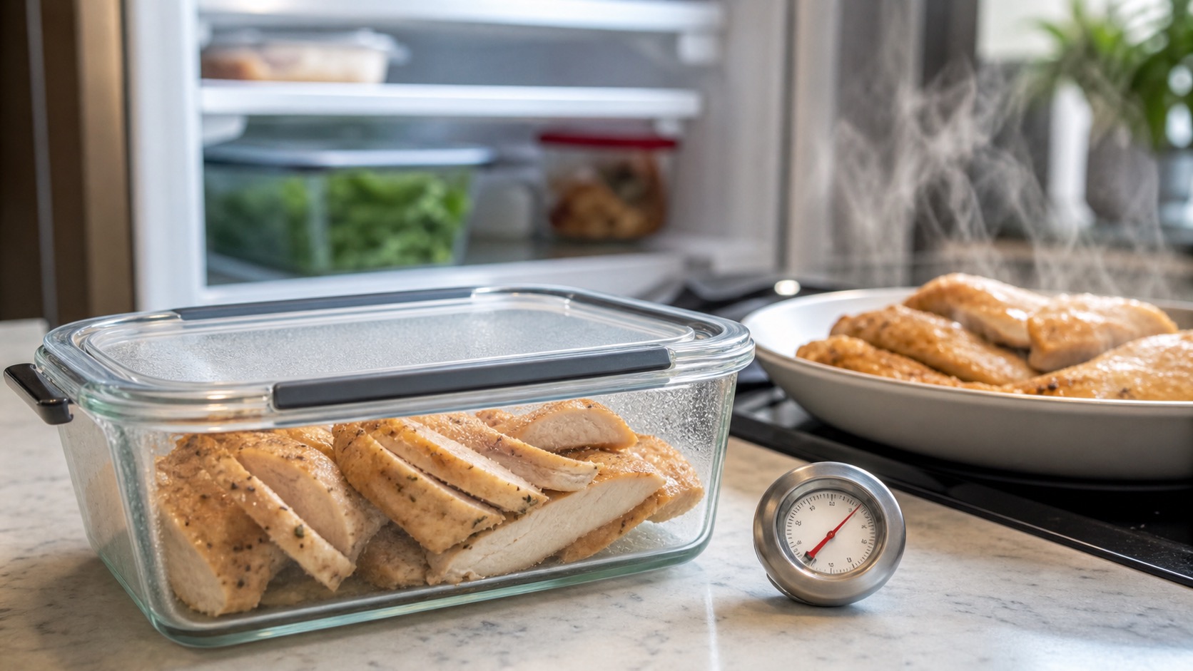 Cooked sliced chicken stored in a glass container with steaming reheated chicken nearby in a clean kitchen.