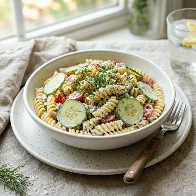 A high-end, editorial shot of a cold creamy pasta salad in a minimalist white bowl with cucumber and dill.