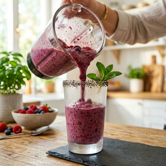 A thick, vibrant mixed-berry smoothie being poured into a frosted glass, garnished with chia seeds.