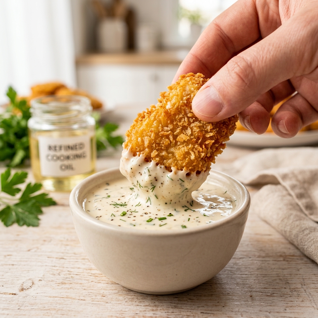 Close-up of a Chick-fil-A nugget being dipped into the signature sauce, highlighting texture and safety.
