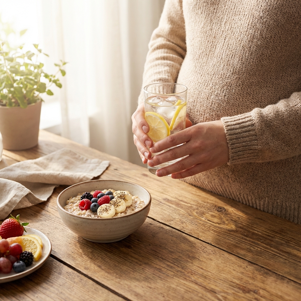Pregnant woman drinking water with healthy breakfast
