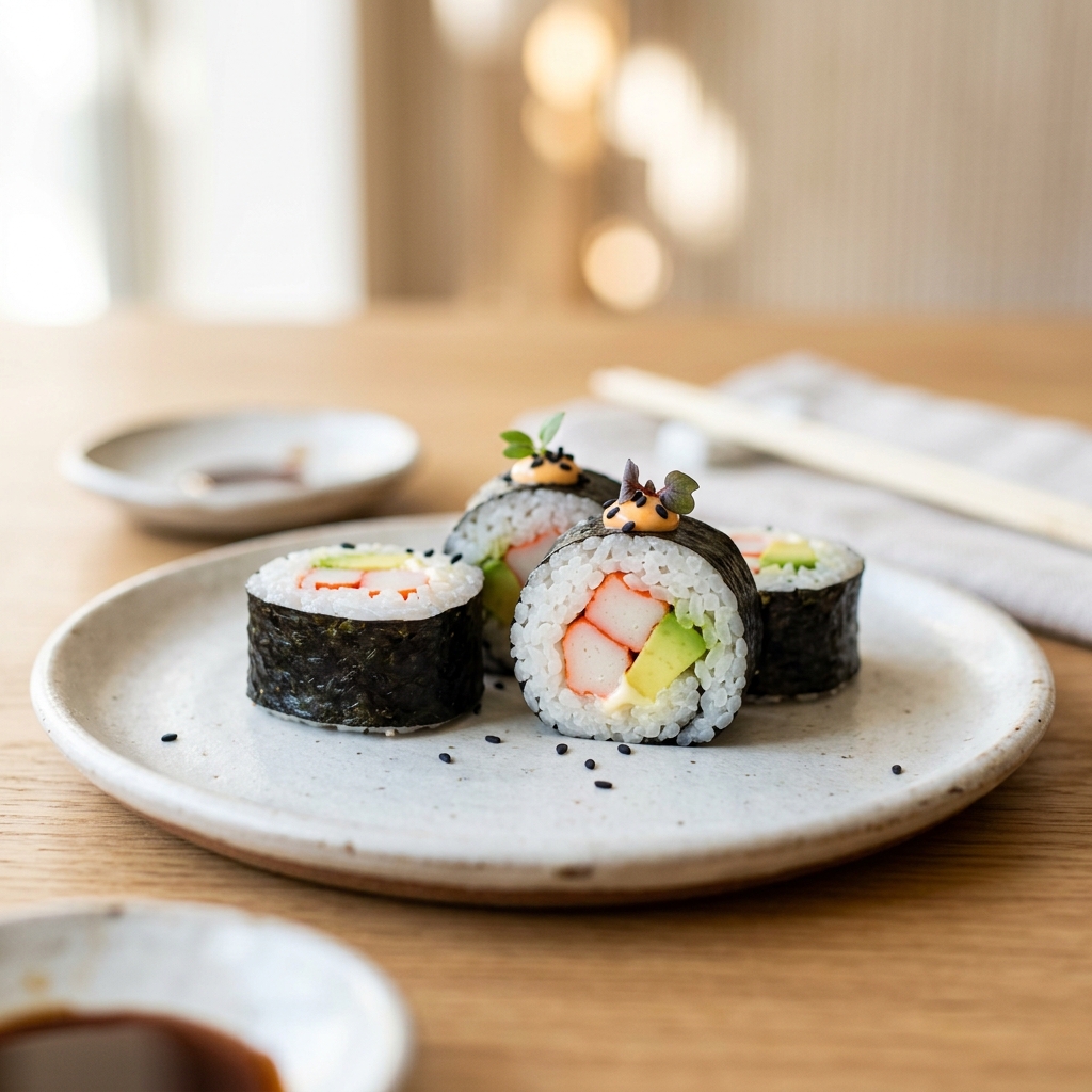 Close up photography of beautiful crab stick sushi presenting fine dining safe ingredients.