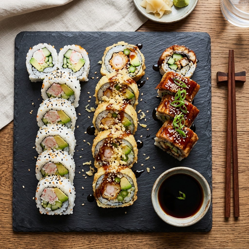 A premium assortment of cooked, fully pregnancy-safe sushi rolls including tempura and California rolls.