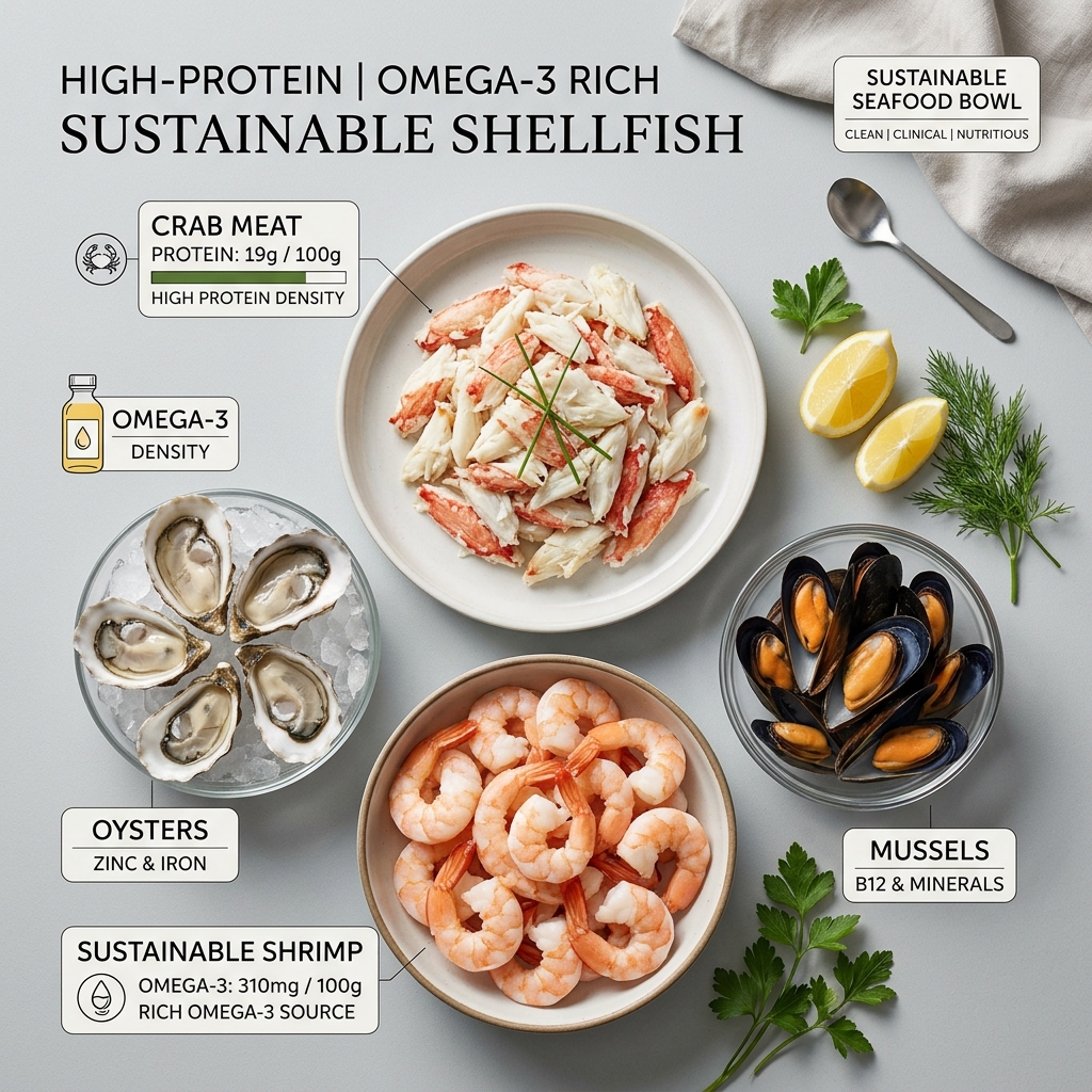A clean flat lay showing the nutritional benefits of sustainable shellfish like crab and shrimp.