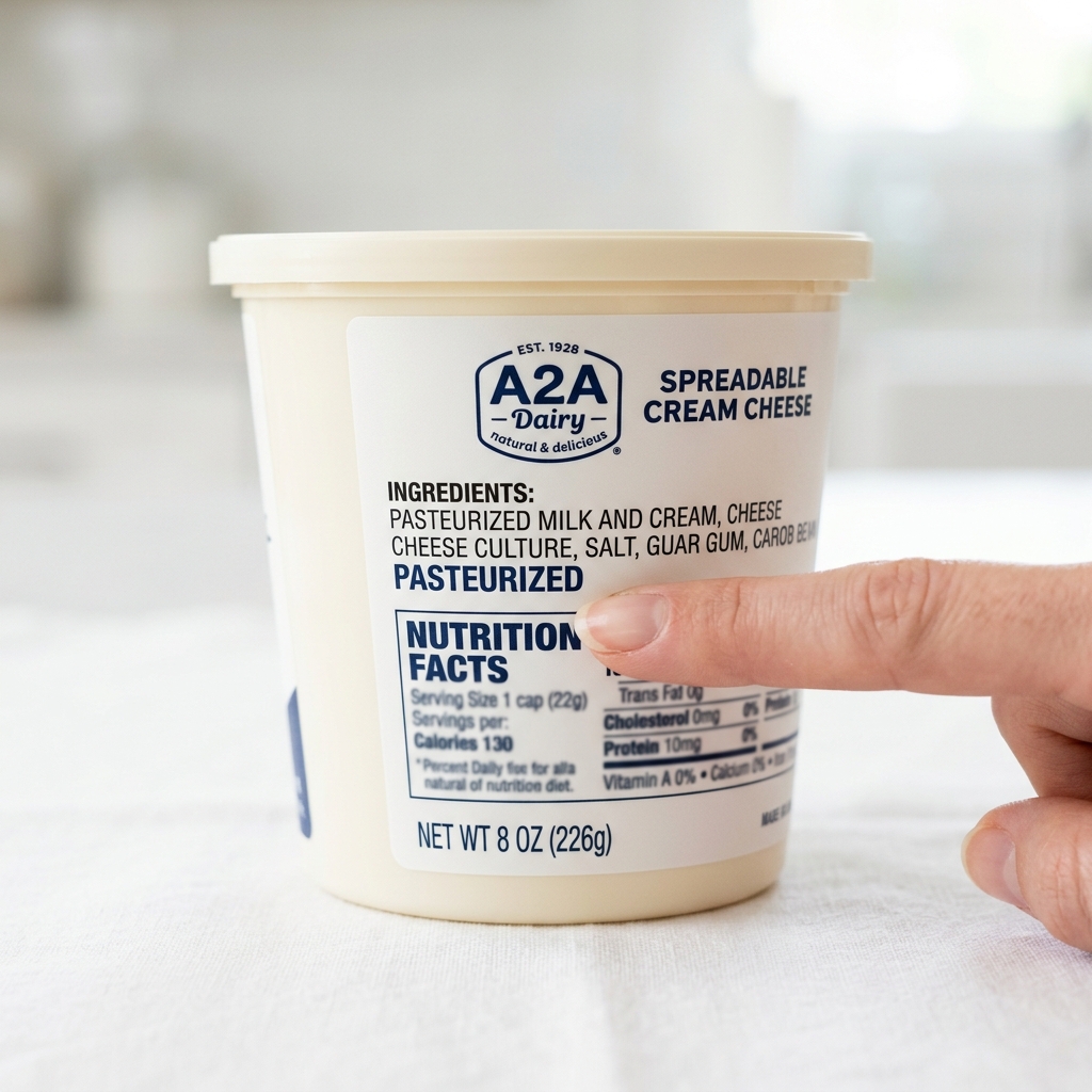 A close-up of a cream cheese container with a finger pointing to the word 'PASTEURIZED' in the ingredients.