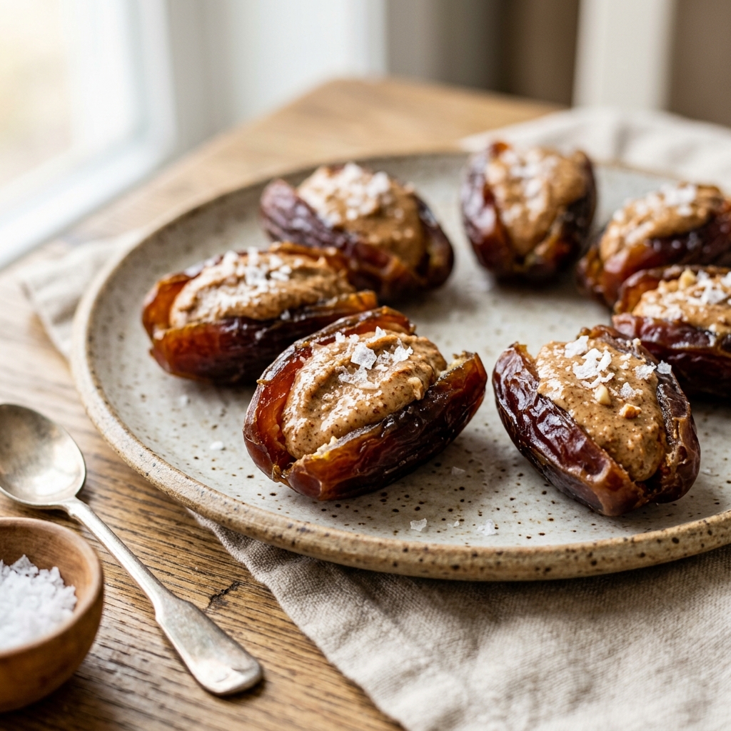 Macro photography of Medjool dates stuffed with almond butter and sea salt, a perfect labor-prep snack.