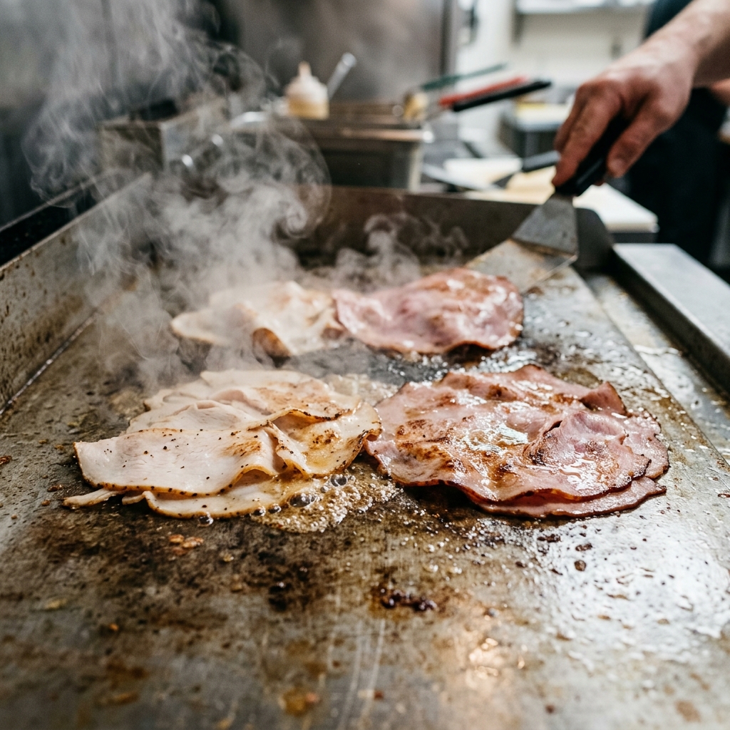 Macro shot of deli turkey and ham being heated on a professional flat-top grill until steaming hot.