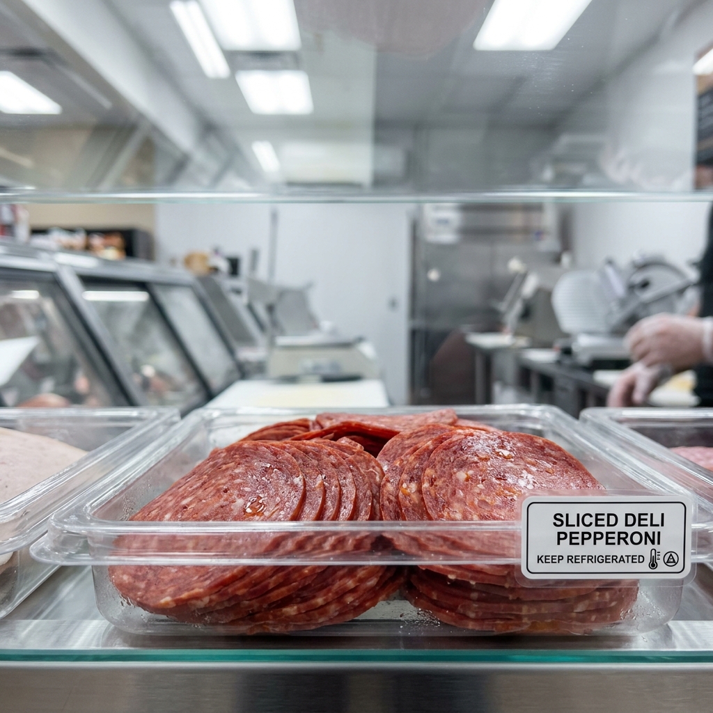 Clinical macro shot of sliced deli pepperoni in a refrigerated display case.