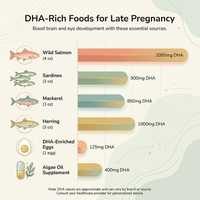 Chart showing DHA-rich foods for late pregnancy including wild salmon, sardines, mackerel, herring, eggs, and algae supplements with their DHA content