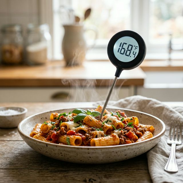 A digital instant-read food thermometer inserted into a steaming plate of hot leftover pasta.