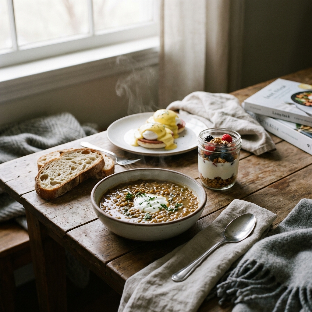 Comfort foods high in protein including lentil soup, eggs, and yogurt parfait