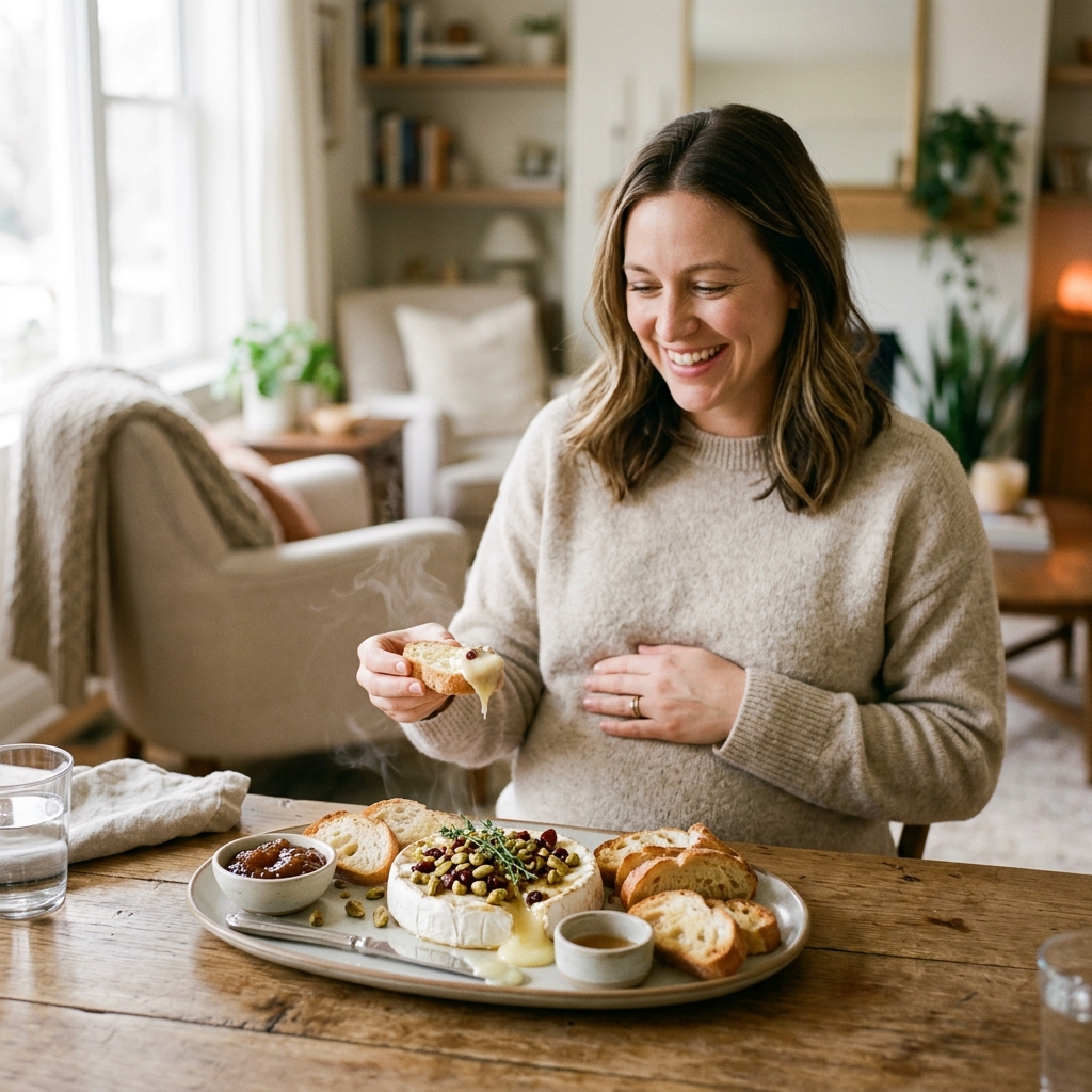A pregnant woman enjoying a cozy afternoon with a platter of steaming hot baked brie—safety and luxury combined.