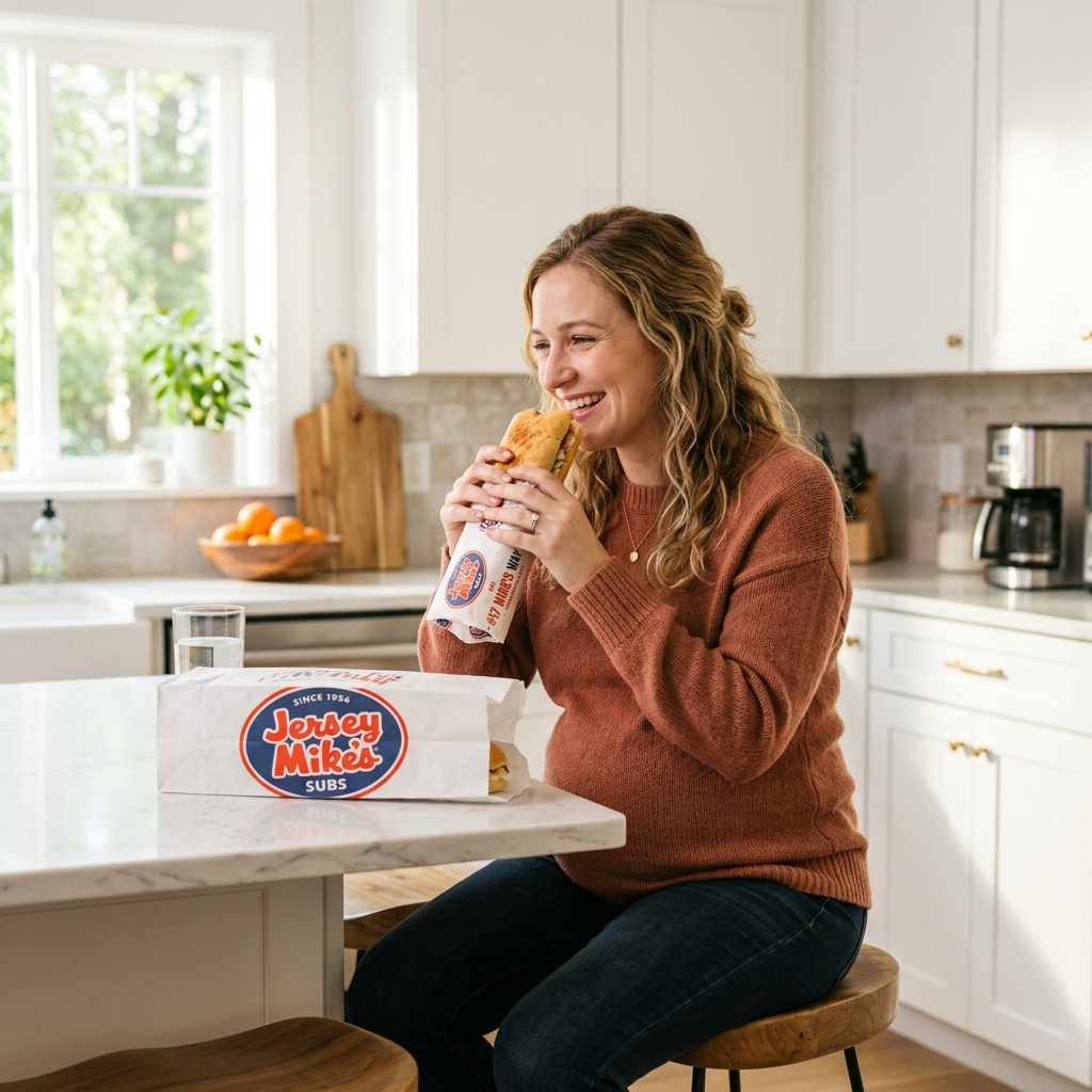 A pregnant woman enjoying a safe, grilled Jersey Mike's sub in a sunny kitchen—balanced nutrition and peace of mind.