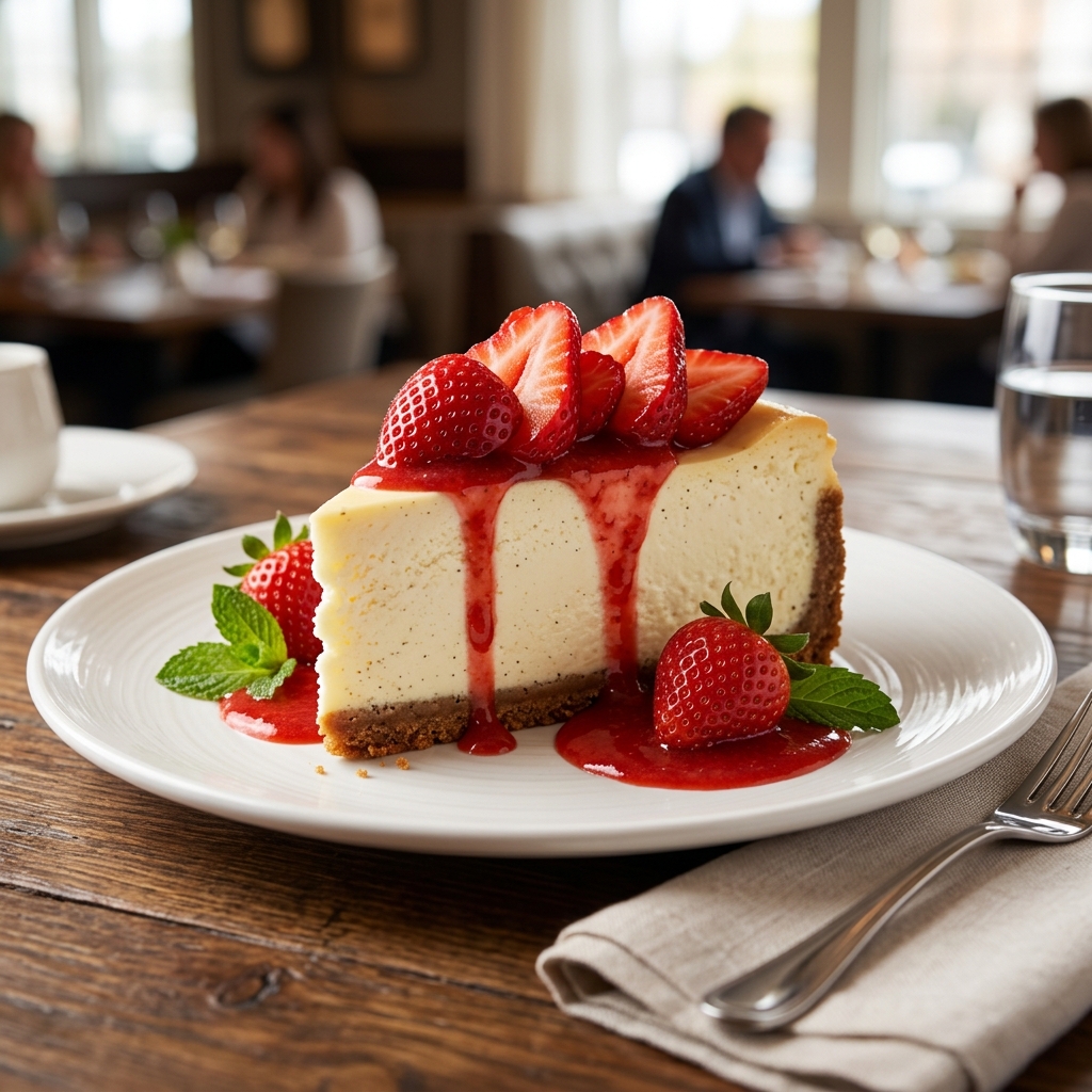 A decadent slice of Cheesecake Factory cheesecake with fresh strawberries—confirmed safe due to pasteurized ingredients and high-heat baking.