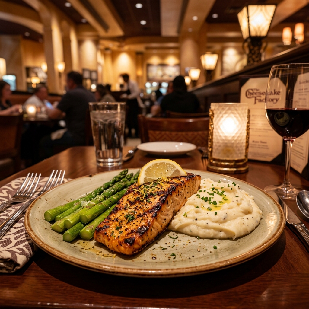 A perfectly grilled salmon entree at the Cheesecake Factory—a safe, high-DHA choice for prenatal brain development.