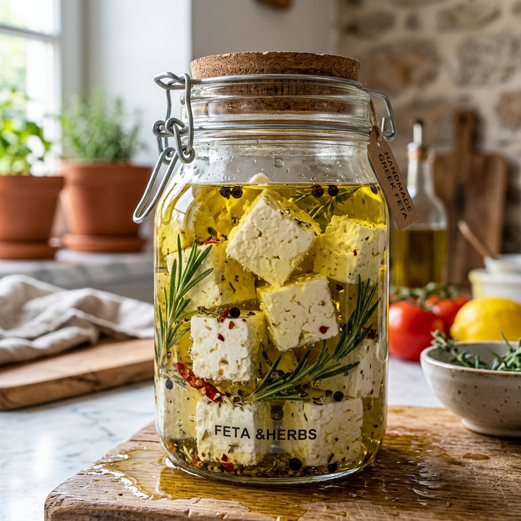 A block of white feta cheese sitting in a bowl of clear brine with a sprig of oregano.