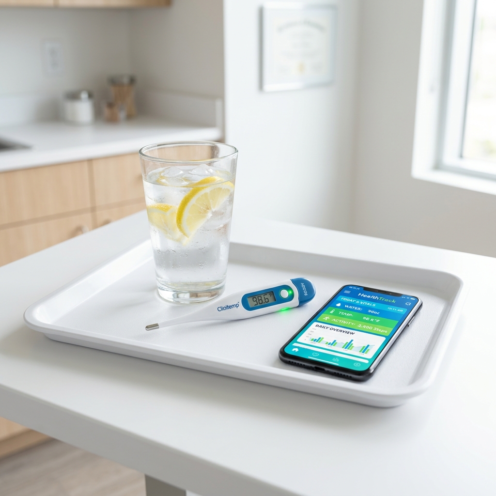 A glass of water with lemon and a digital thermometer, symbolizing the clinical monitoring needed during pregnancy.