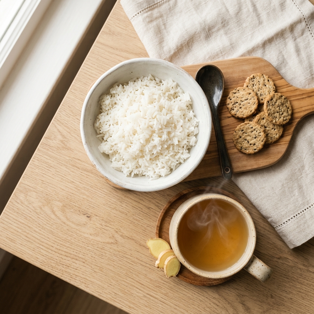 Plain white rice, crackers, and ginger tea - the gold standard for pregnancy food poisoning recovery.