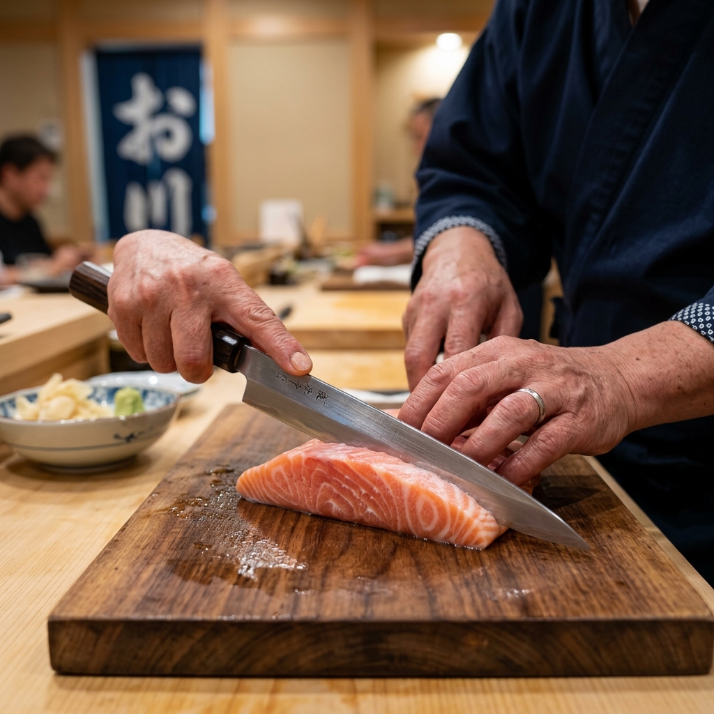 A master sushi chef slicing premium, flash-frozen salmon—the core of the Japanese pregnancy safety secret.