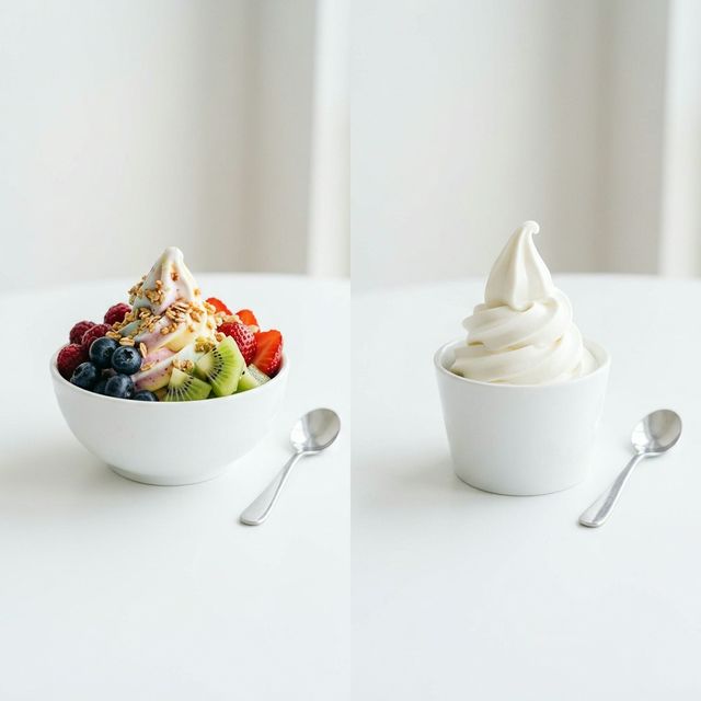 A side-by-side comparison of a bowl of frozen yogurt with fruit and a classic soft-serve swirl.