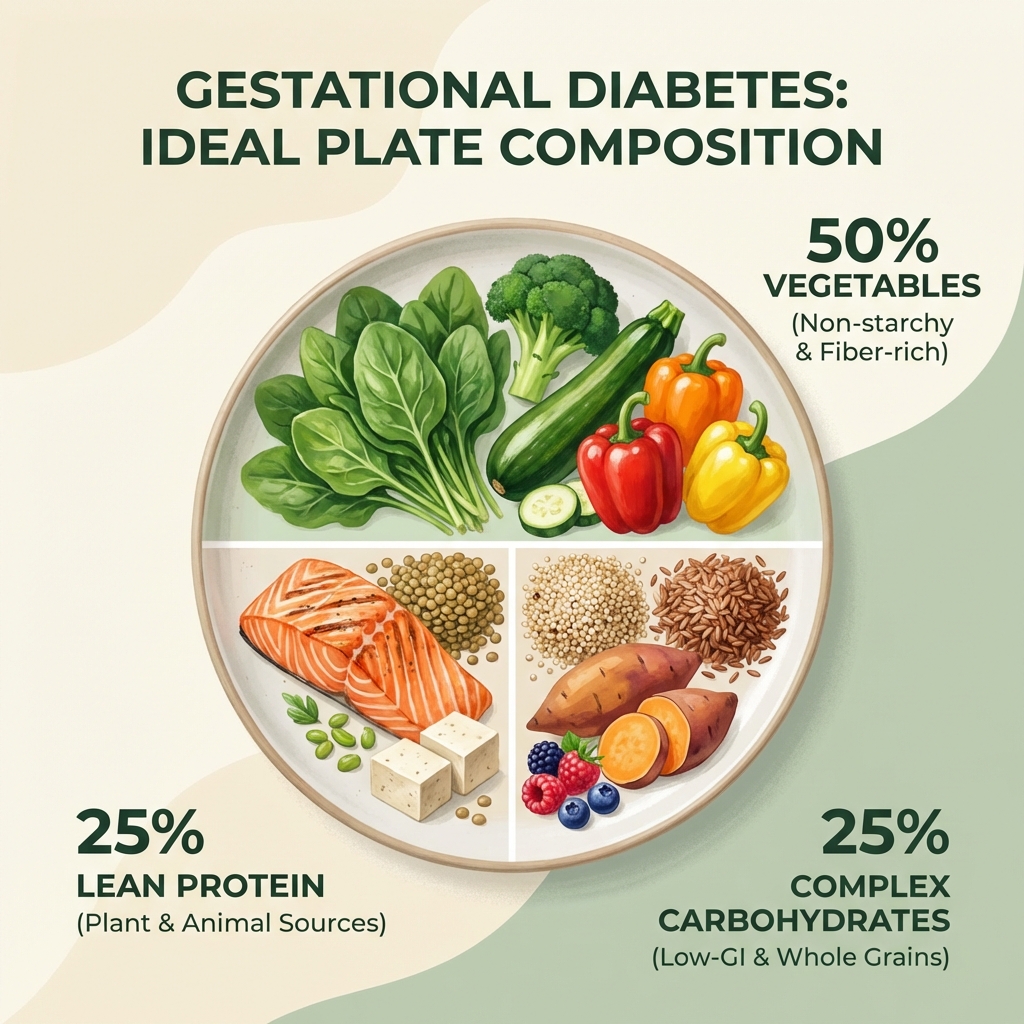 Gestational diabetes ideal plate composition showing vegetables, protein, and carbohydrates