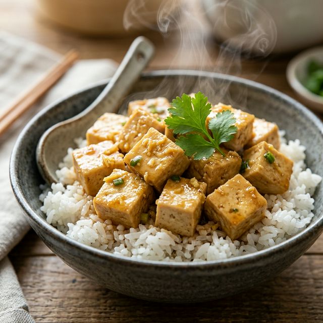 A close-up shot of steaming hot, firm tofu cubes glazed in a light ginger-soy sauce, served over a bed of fluffy jasmine rice.